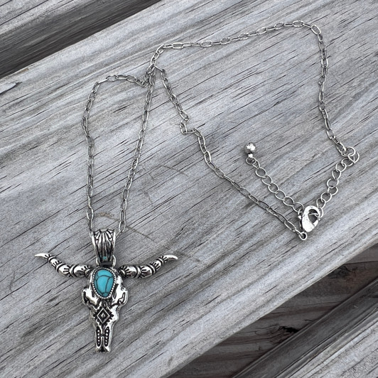 Faux Turquoise Steer Skull Necklace