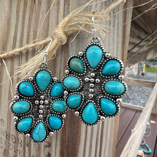 Faux Turquoise Cluster Cross Earrings