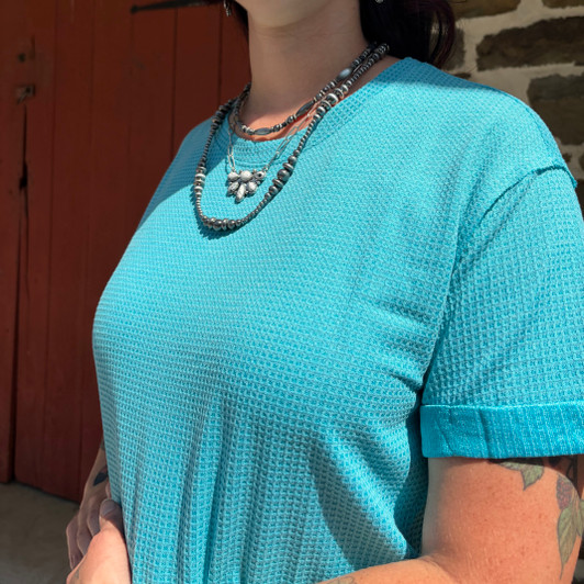 Andree Ladies Teal Cuff Sleeve Waffle Knit Top MHS69-T