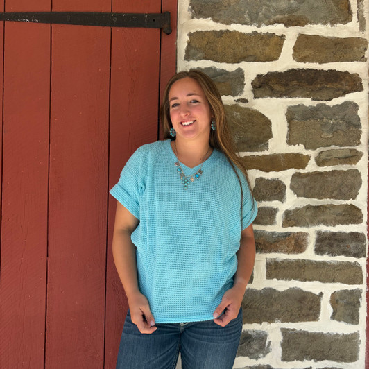 Andree Ladies Aqua V Neck Crochet Knit Poncho Top MHS97-A