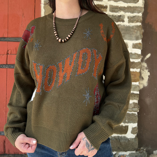 Rock & Roll Ladies Olive Western Howdy Sweatshirt