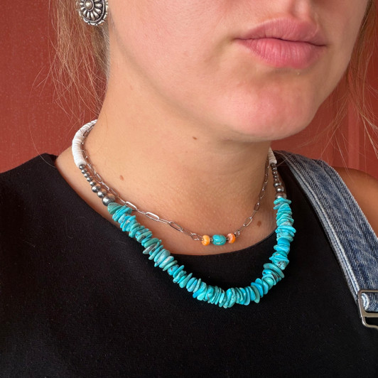 18" Kingman Turquoise, Navajo Pearl & White Shell Heishi Necklace WHC-3