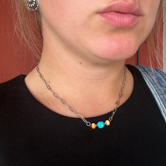 Turquoise & Orange Spiny Paperclip Chain Choker