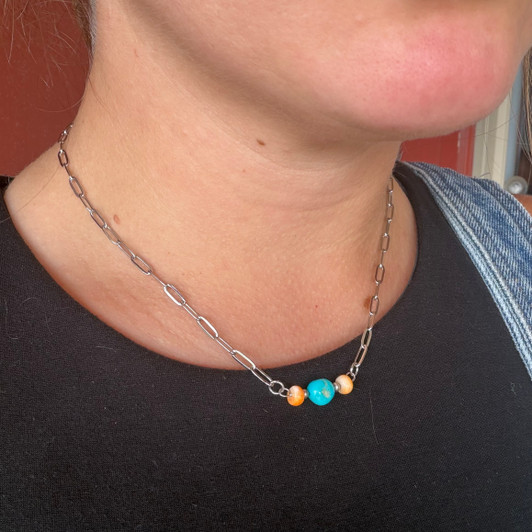 Turquoise & Orange Spiny Paperclip Chain Choker