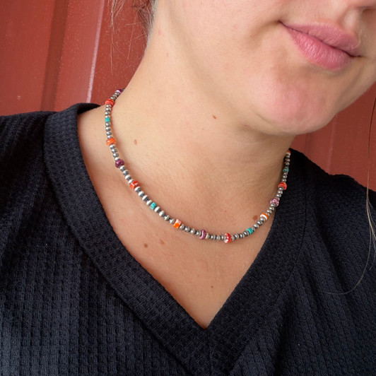 16" Mixed Spiny Oyster & Turquoise Heishi Sterling Silver Pearl Necklace 123Z-16