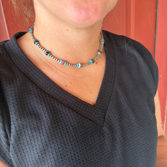 16" Purple Spiny Oyster & Turquoise Sterling Silver Pearl Necklace 109Z-16