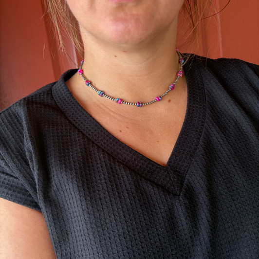 16" Pink Dahlia & 3mm Sterling Silver Pearl Necklace 129Z-16