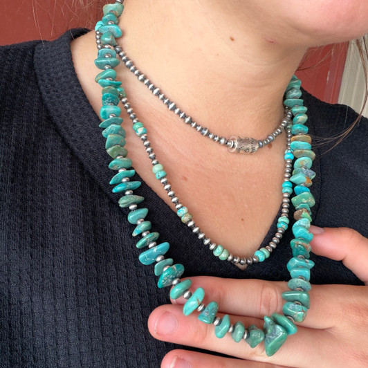 24" Turquoise Disks & 4mm Sterling Silver Pearl Necklace 31Z-24