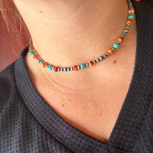 16" Spiny, Turquoise & Sterling Silver Pearl Necklace 10Z-16