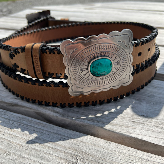 Hooey Women's Aponi Tan & Black Belt with Turquoise Buckle HWBLT024