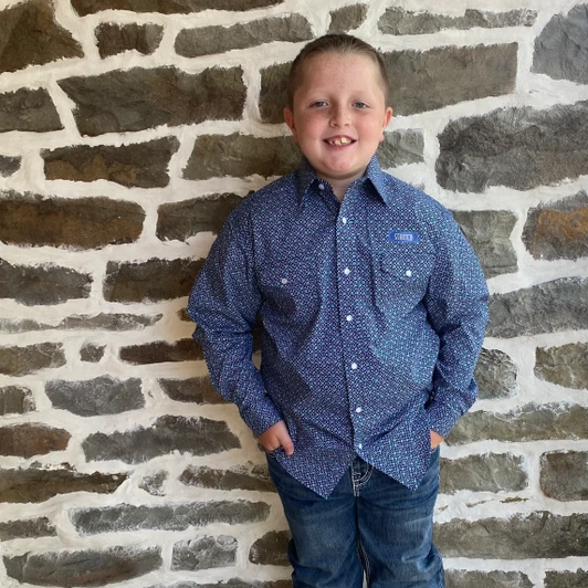 Panhandle Boy's Blue Square Geo Long Sleeve Snap Shirt RBN2S09528