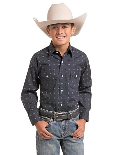 Panhandle Boy's Black North Star Print Long Sleeve Snap Shirt RBN2S09546