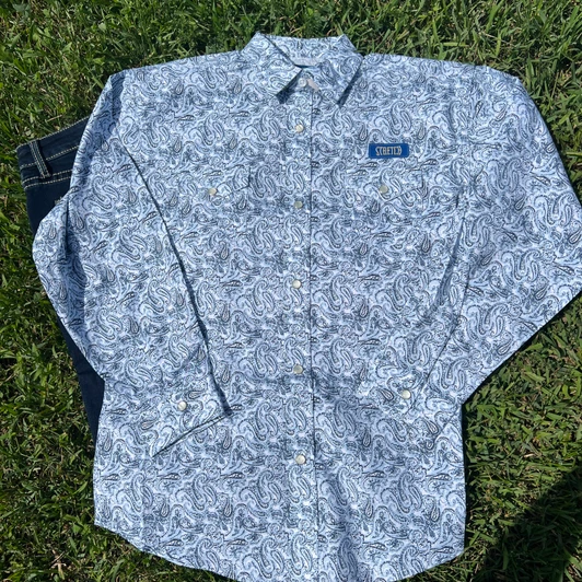 Panhandle Boy's Blue Distressed Paisley Long Sleeve Snap Shirt RBN2S09536