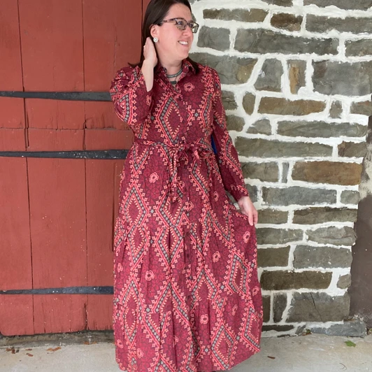 Panhandle Ladies Burgundy Diamond Print Button Down Maxi Dress
