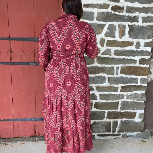 Panhandle Ladies Burgundy Diamond Print Button Down Maxi Dress