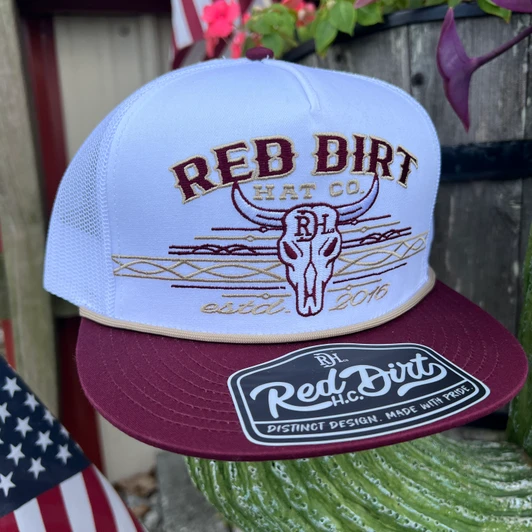 Red Dirt Hat Co. Skull Spirit White and Maroon 5 Panel Hat