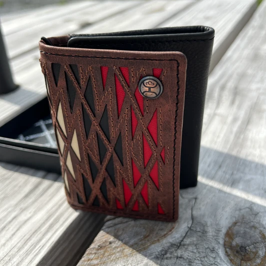 Hooey Leather Aztec Tri-Fold Wallet Red/Ivory/Black Inlay