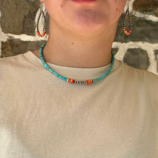 Variscite Turquoise, Spiny Oyster & Sterling Silver Choker CHO-TUR-017-SPI