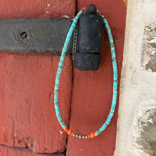 Variscite Turquoise, Spiny Oyster & Sterling Silver Choker CHO-TUR-017-SPI