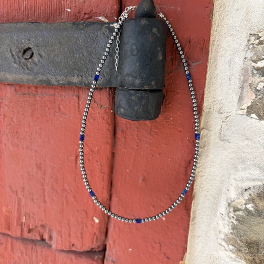 Sterling Silver Pearl & Blue Lapis Cubes Choker NEC-STE-102-LAP