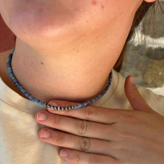Purple Dolomite Heishi & Sterling Silver Pearl Choker