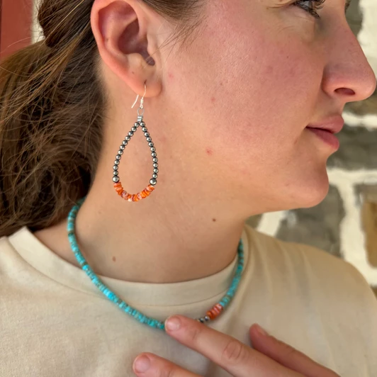 Sterling Silver Pearl & Orange Spiny Teardrop Earrings