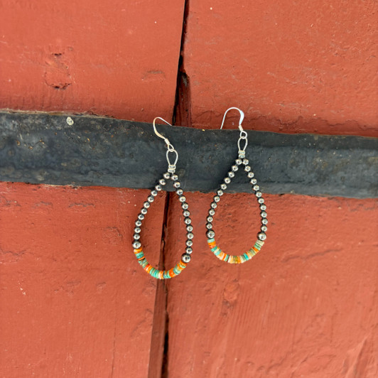 Sterling Silver with Green & Orange Heishi Teardrop Earrings EAR-STE-179-MIX