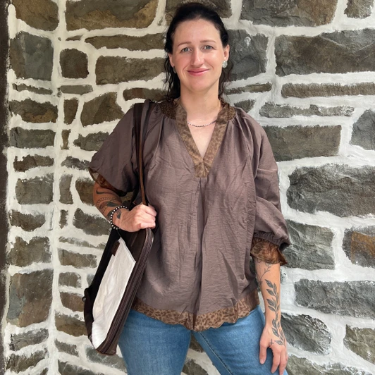 Ladies Brown Bubble Sleeve V Neck Blouse C6768