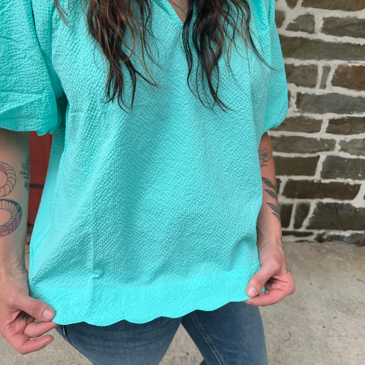 Ladies Mint Bubble Sleeve Scallop Hem Blouse C4405
