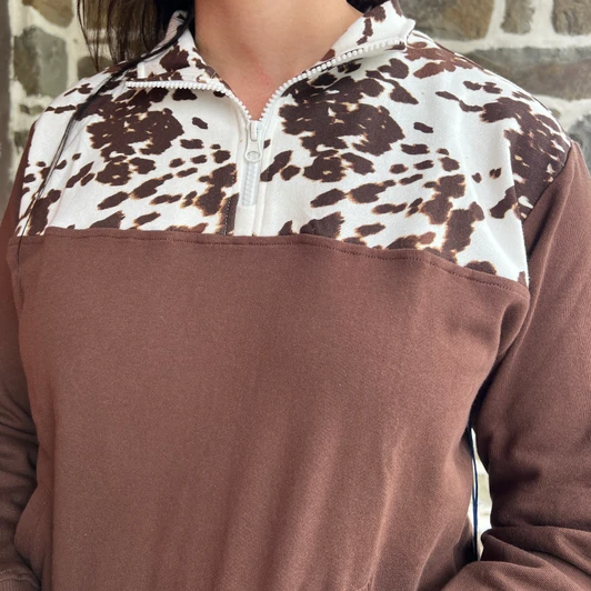 Panhandle Ladies Chocolate Brown Cow Print 1/4 Zip Pullover LW91T09688