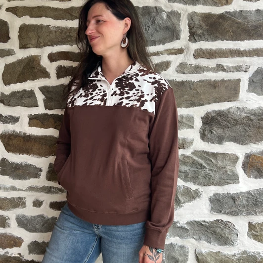 Panhandle Ladies Chocolate Brown Cow Print 1/4 Zip Pullover LW91T09688