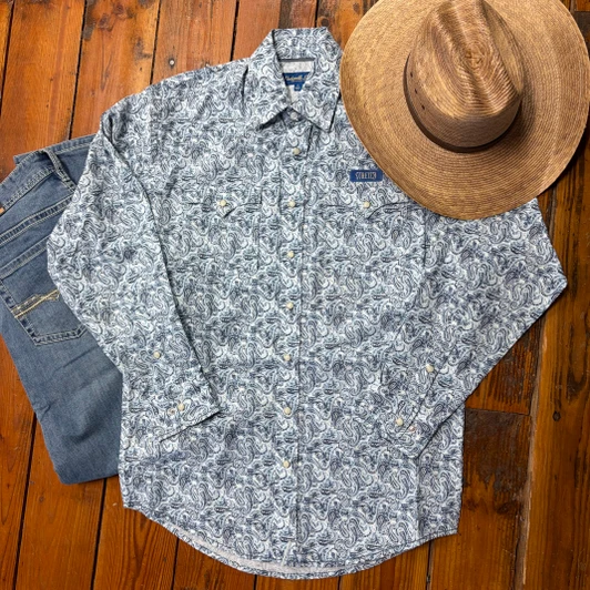 Panhandle Men's Blue Distressed Paisley Long Sleeve Snap Shirt RMN2S09536
