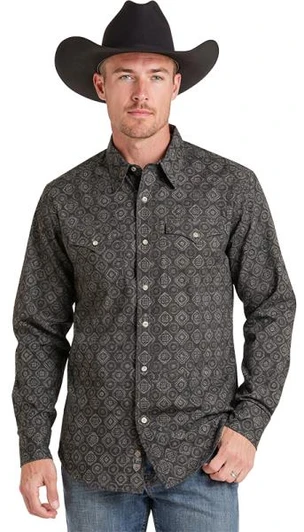 Rock & Roll Men's Dark Grey Medallion Printed Long Sleeve Snap Shirt BMN2S09443
