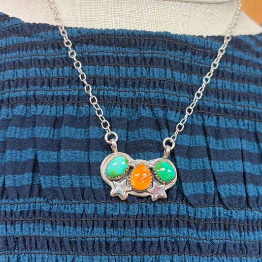Kingman Turquoise & Spiny Oyster Triple Stone Star Pendant Necklace