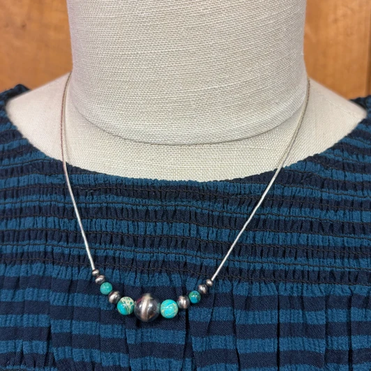 16" Mixed Turquoise & Sterling Pearl Liquid Silver Necklace