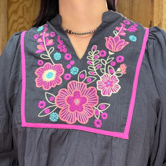 Ladies Charcoal Embroidered V Neck Blouse C5817