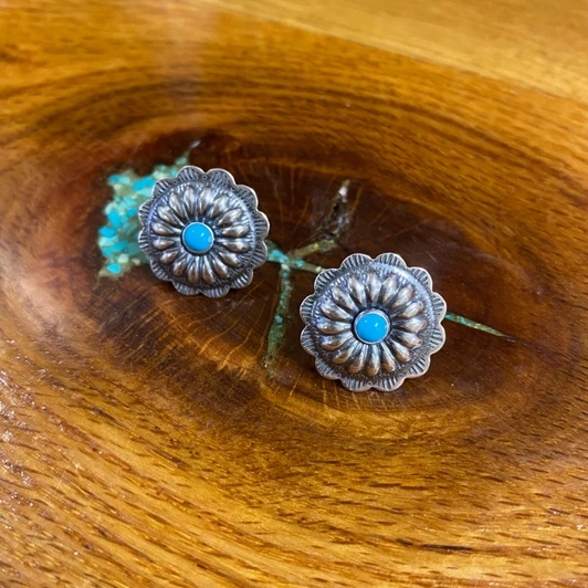 Sterling Silver Fancy Concho Turquoise Post Earrings 146876