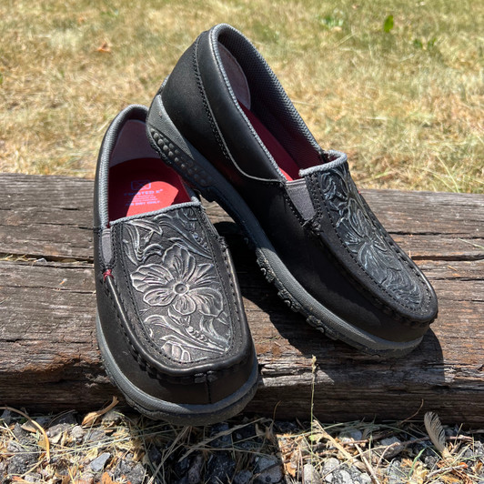 Twisted X Women's Black and Grey Tooled Cell Stretch Slip On Moc WXC0014