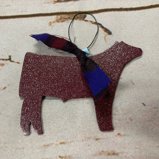 Maroon Metal Steer Ornament with Red & Purple Plaid Ribbon 155704