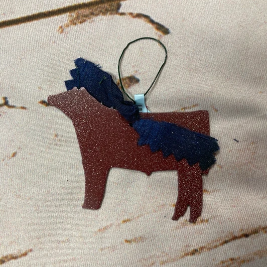 Maroon Metal Steer Ornament with Navy Ribbon 155705