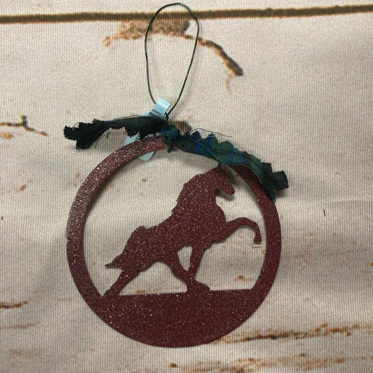Maroon Metal Circle Tennessee Walker Ornament with Green & Blue Plaid Ribbon 155717
