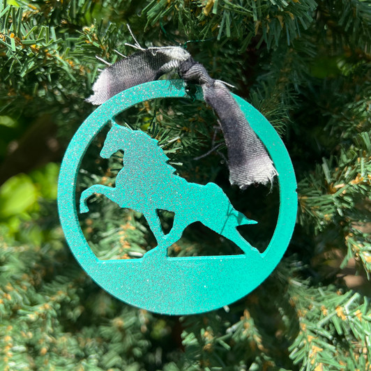 Turquoise Metal Circle Tennessee Walker Ornament with Black Plaid Ribbon 155722