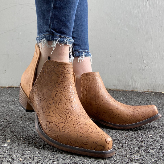 Roper Women's Brown Floral Embossed Snip Toe Ankle Boot 09-021