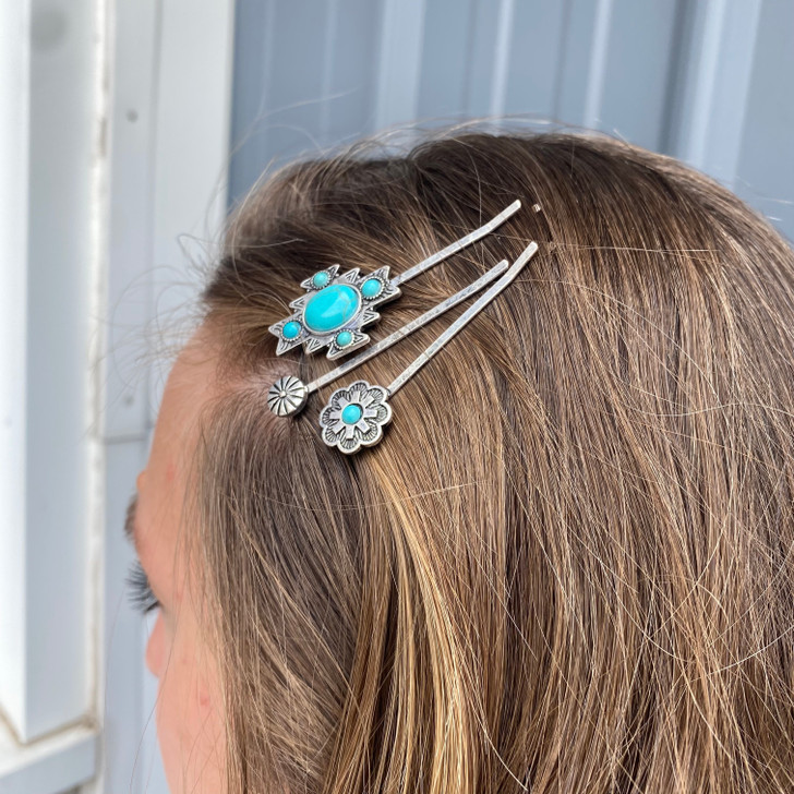 3 Piece Assorted Aztec Concho Turquoise Stone Hair Pins H9758SBTQ