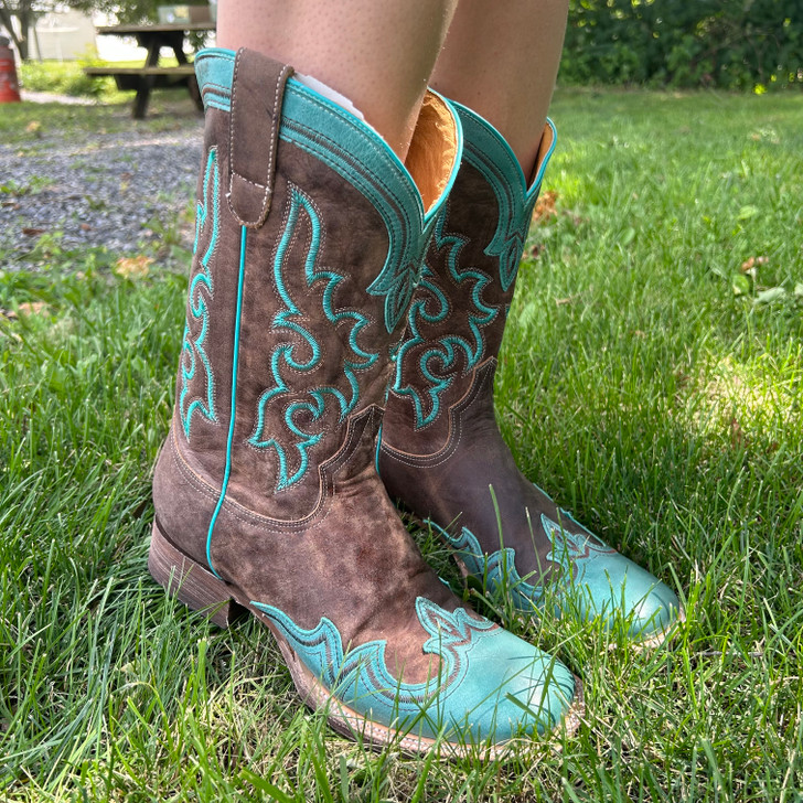 Roper Women's Shyla Square Toe Vintage Brown Leather and Teal Boot 09-021-7016-8587 BR