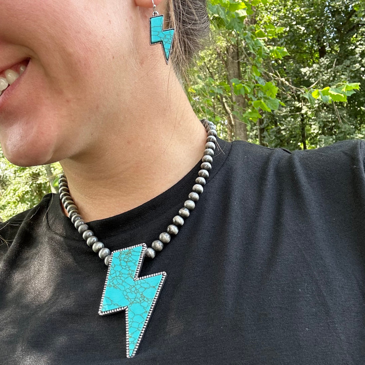 Chunky Turquoise Lightning Bolt Necklace and Earring Set N12175SBTQ