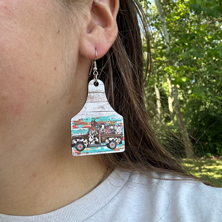 Farm Animals in Truck Wood Ear Tag Earrings E11987MUL