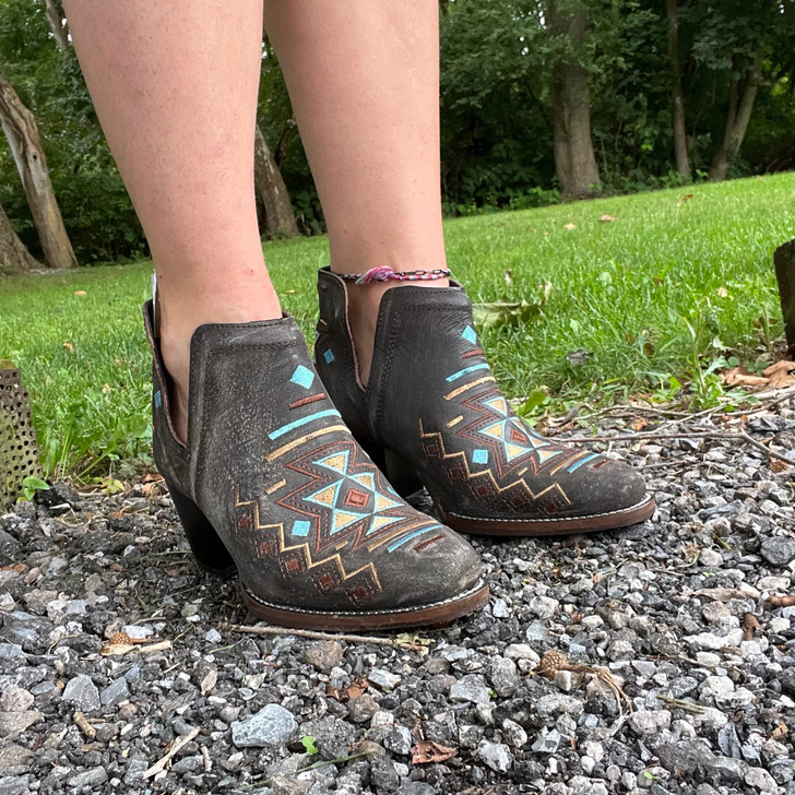 Roper Women's Brown Vintage Leather Snip Toe Ankle Boot with Aztec