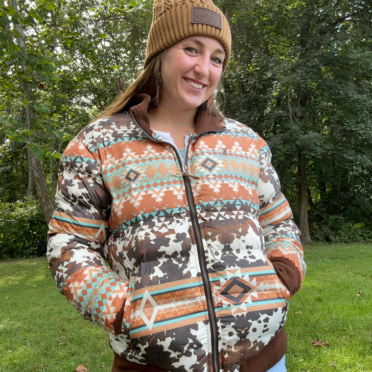 Hooey Ladies Brown Cowprint and Aztec Quilted Track Jacket HJ119TNBR
