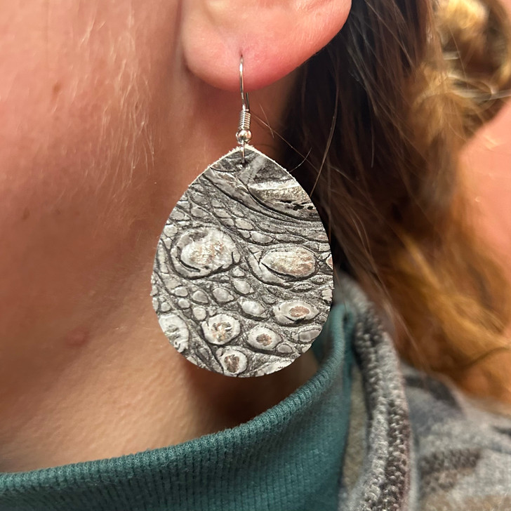 Silver Snake Print Leather Teardrop Earrings